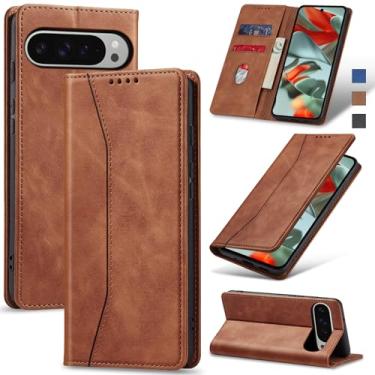 Imagem de Jasonyu Flip Carteira Capa para Google Pixel 9 Pro XL,Capinha Folio Magnética de Couro com Suporte para Cartão,Suporte para Chute - Protetora Durável de TPU à Prova de Choque para Telefone,Marrom