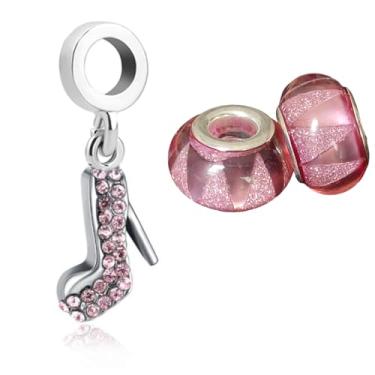 Imagem de kit 3 Berloques Sapatinho de Cristal + par de Murano com Glitter - 100 milésimos de banho de Prata - Cabe em pulseira de Berloques de prata (Rosa)