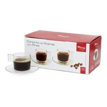 Imagem de Jogo Xícaras Vidro Caneca Transparente Pires Café 12pç - Abelhuda Pres