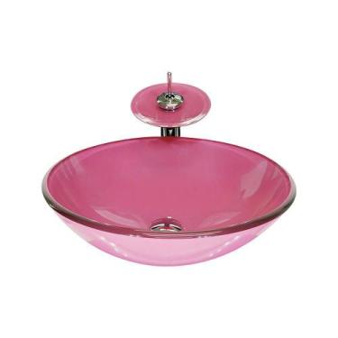 Imagem de Cuba De Vidro Redonda 35Cm Rosa + Valvula + Torneira Cascata - Cubas E