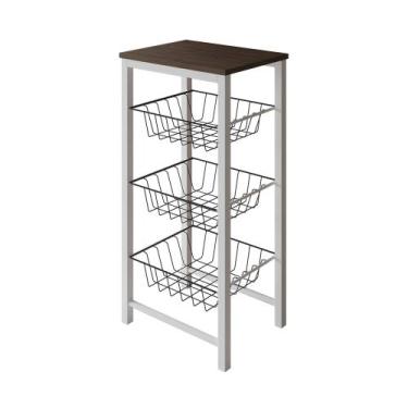 Imagem de Fruteira de Chão Cozinha Montada Aço Branco Cesto Preto Tampo Amêndoa 