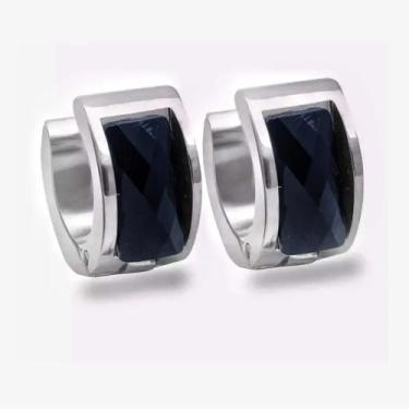 Imagem de par de Brinco Argola larga grossa prata prateado Pedra cristal Preto A