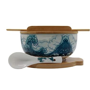 Imagem de XWORLD Conjunto de tigelas de macarrão de ramen de cerâmica japonesa com colher de cerâmica, hashis de bambu, tampa e tripé, capacidade de servir de 958 g, segurança de forno para micro-ondas (8,4 cm x 16,8 cm D) (mar azul)