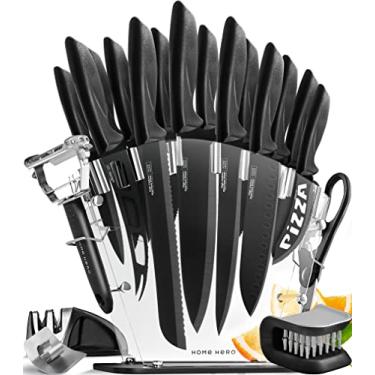 Imagem de Conjunto de facas de cozinha New Home Hero 17 peças - 7 facas de aço inoxidável, 6 facas serrilhadas, tesoura, descascador e afiador de facas com suporte acrílico (preto, aço inoxidável)..