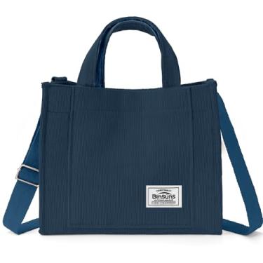 Imagem de BINSUNS Bolsa feminina de veludo cotelê - bolsa grande bolsa transversal estética - escola, trabalho, viagem, praia, Azul escuro, Small