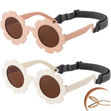 Imagem de KamQen 2 peças de óculos de sol para bebês com flores redondas flexíveis e polarizadas com alça ajustável para bebês de 0 a 24 meses, A0 pêssego/marrom + branco/marrom, Flower