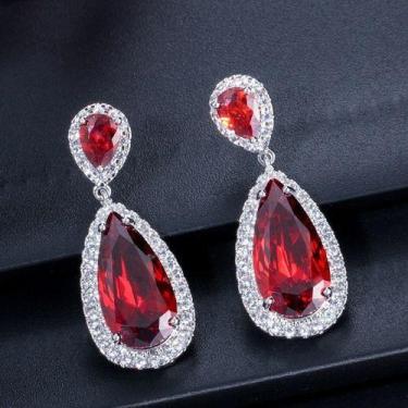 Imagem de Brinco Pedra Zirconia Prata Festa Gota Vermelho Debutante - De Castro 