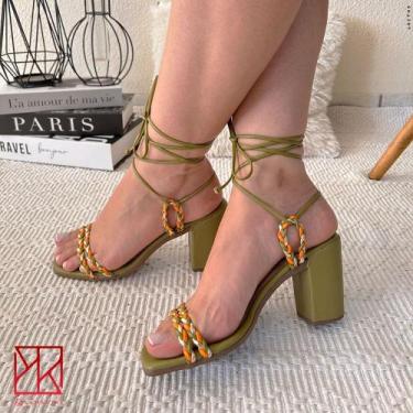 Imagem de Sandália Feminina Salto Bloco Alta De Amarrar - Kamarine, Verde, 36