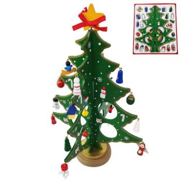 Imagem de Mini Arvore de Natal 3D Madeira com Enfeites Natalino Papai Noel Bonec