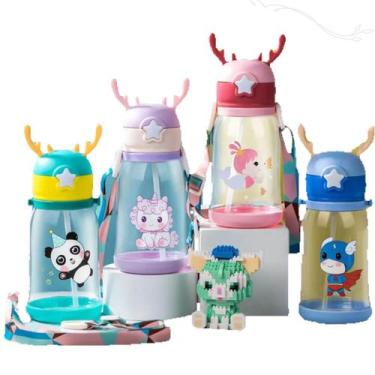 Imagem de Garrafa De Água Infantil Portátil Alce Com Canudo Colorido - LZX, Rosa