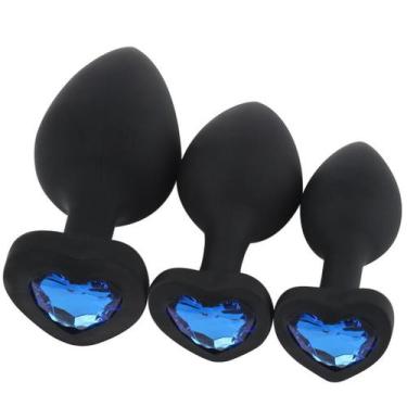 Imagem de Kit Plug Anal Coração 3 Tamanhos em Silicone Preto Com Pedra - Aphrodi