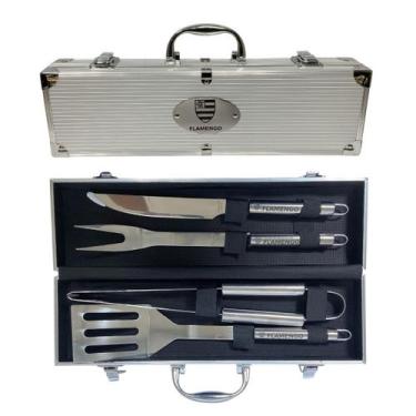 Imagem de Kit Churrasco Inox c/ 4 Peças Flamengo Futebol Licenciado - Cebola e T
