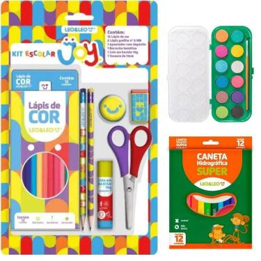 Imagem de Kit Escolar Volta As Aulas Completo Com Lápis Apontador Tesoura Caneta Hidrográfica E Aquarela Smille