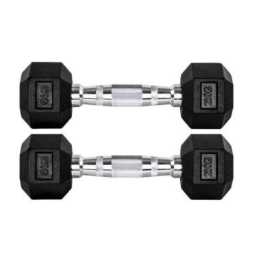Imagem de Par Halteres 2kg +2kg Dumbbell Sextavado Emborrachado Pegada Cromada G