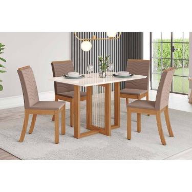 Imagem de Conjunto: Mesa de Cozinha Natalí c/ Tampo Madeirado c/ Vidro Reto 120x80cm e 4 Cadeiras Isa Nature/Suede Light Bege - Henn