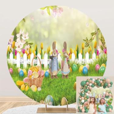 Imagem de OERJU Capa de fundo redonda para Páscoa, primavera, jardim, fotografia, coelhinho, ovos coloridos, cerca de flor, grama, fundo infantil, aniversário, chá de bebê, decoração de festa de Páscoa,