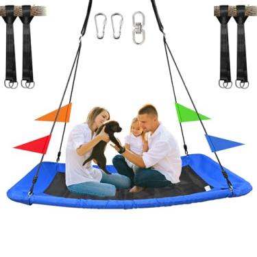 Imagem de 700lb Teslin Square Tree Swing, Big 60-inch Platform Swing Set，Spider Web Swing，Suitable for Children and Adults/Backyard and Playground, Durable Steel Frame, with 71" Nylon Rope Rotatable (Blue)