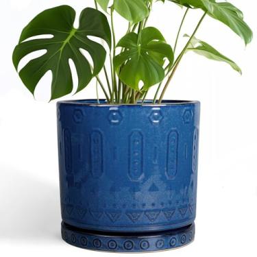 Imagem de Eightpot Vaso de plantas de 25 cm - Vaso de cerâmica para ambientes externos com orifícios de drenagem e pires, vaso de flores grande redondo decorativo para decoração de jardim e pátio, azul