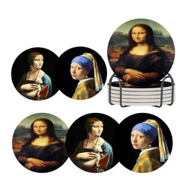 Imagem de ubcindy Mona Lisa e menina com um brinco de pérola, conjunto de 6 para bebidas, porta-copos redondos absorventes de pedra cerâmica com suporte de metal, porta-copos de arte vintage com base de cortiça