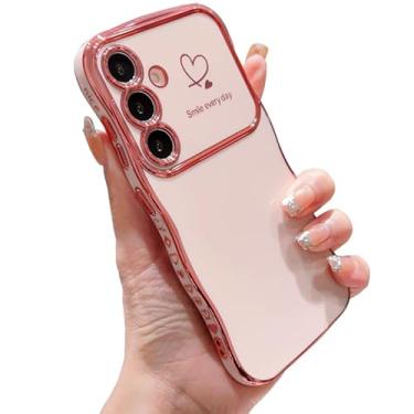 Imagem de IDweel Capa para Galaxy S24 Plus para mulheres e meninas, moldura ondulada fofa de luxo em formato encaracolado com coração de amor, proteção de câmera levantada, slim fit, capa de telefone leve à
