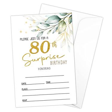Imagem de HOUSPEAK Cartões de convites de preenchimento de aniversário de 80 anos com envelopes (20 unidades), decorações de suprimentos de festa de aniversário surpresa de vegetação, convites de aniversário