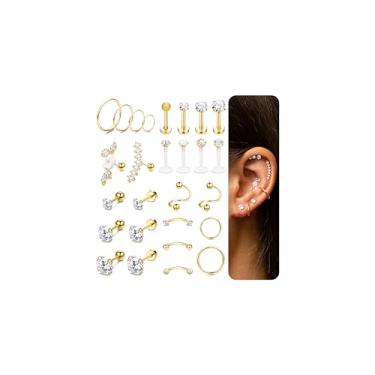 Imagem de Ubjuliwa 27 peças de brincos de cartilagem de 16 G para mulheres, aço inoxidável, piercing de hélice e trágus, brincos para frente Dourado