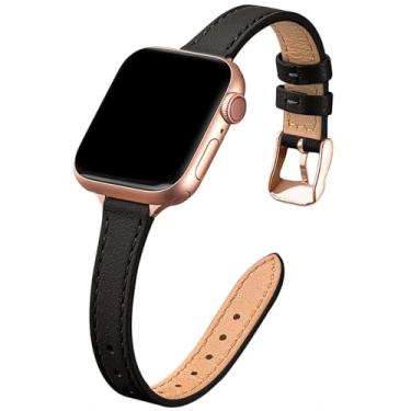 Imagem de STIROLL Pulseira fina de couro de grão superior compatível com Apple Watch SE 9, 8, 7, 6, 5, 4, 3, 2 e 1 de 38 mm, 40 mm, 41 mm e 42 mm (preto e ouro rosa)