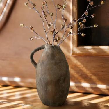 Imagem de DOCFLVAS Vaso rústico de cerâmica vintage com alça, vaso rústico grande de 24 cm para decoração de casa, vaso de flores de cerâmica feito à mão para sala de estar, cozinha, escritório e casa de