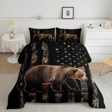 Imagem de Feelyou Conjunto de edredom infantil com urso, camuflado, rústico, para meninos e adolescentes, bandeira americana, conjunto de edredom com urso, cabana de fazenda, 2 peças