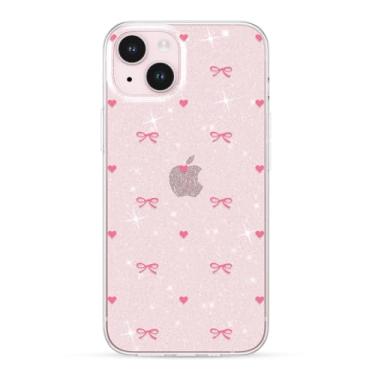 Imagem de ZTOFERA Capa para iPhone 15 com glitter, linda fita transparente, gravata borboleta, estética, capa protetora de telefone à prova de choque para mulheres e meninas, rosa fúcsia