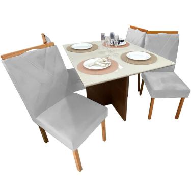 Imagem de Mesa de Jantar Helo 90x90cm em Veludo com 4 Cadeiras California Poliman Cor Off White com Assento Prata