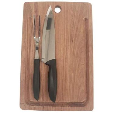 Imagem de Kit Tábua Garfo E Faca Em Madeira Jatobá Com Brancal E Acabamento Lixa