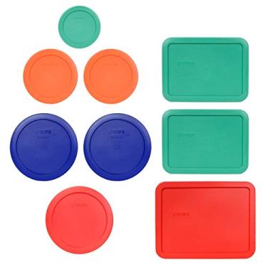 Imagem de Pyrex (1) 7202-PC 1 xícara verde (2) 7200-PC 2 copos laranja (2) 7201-PC 4 xícaras azul (1) 7201-PC 4 copos vermelhos (2) 7210-PC 3 copos verde claro (1) 7211-PC 6 copos vermelhos de substituição para armazenamento de alimentos