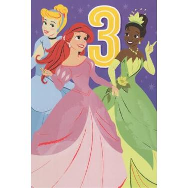 Imagem de Heartline Cartão de felicitações de feliz aniversário de 3 anos, princesa Cinderela, Ariel e Tiana, envelope incluído