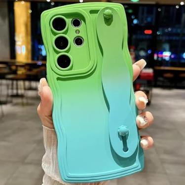 Imagem de HPQWN Para Galaxy S23 Ultra Gradient Wave Wrist Strap Case (Para Galaxy S23 Ultra/Verde Azul)