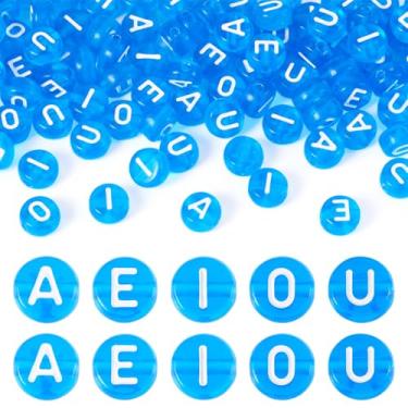 Imagem de Elcrelive 100 peças de contas redondas azuis transparentes de acrílico alfabeto contas vogal AEIOU pingente espaçador solto 7 x 4 mm para pulseira da amizade colar joias de verão