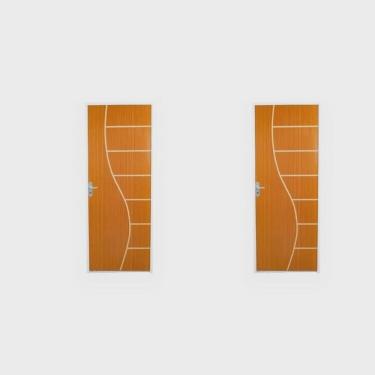 Imagem de 2 Kits Porta de Madeira Decorada 215x75cm com Batente de Aço 6cm Cantareira Mogno