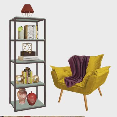 Imagem de Kit Poltrona Fatte com Manta Soft Bordô e Estante Livreiro Ferro Marrom mdf Verde Oliva Suede Amarelo - Ahz Móveis