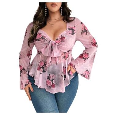 Imagem de BEAUDRM Camiseta feminina plus size estampa floral Y2k laço nó manga longa decote V profundo tops justos, rosa, GG