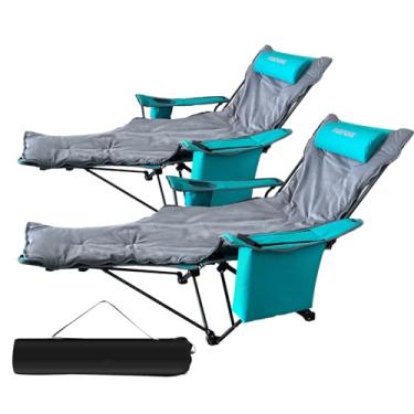 Imagem de POEPORE Pacote com 2 poltronas reclináveis de acampamento, 4 posições com descanso para os pés, confortável para adultos, espreguiçadeira dobrável de 265 Ibs, cadeira de praia de malha com bolsa