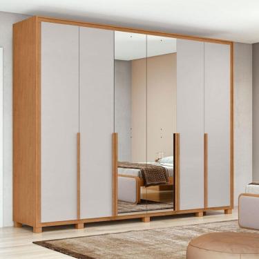 Imagem de Guarda Roupa Casal Ambiente Imperatore 6 Portas Amêndoa Clean Off White com Kit Sapateira e Espelho com Pés – Lopas