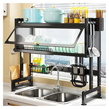 Imagem de CLLBANT Escorredor de louça, escorredor de pratos sobre a pia, escorredor de pratos de cozinha ajustável de 2 níveis, prateleira organizadora de armazenamento doméstico acima do balcão com ganchos