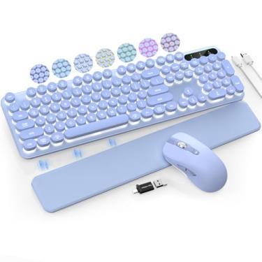 Imagem de Teclado e mouse sem fio retroiluminados – Teclado de máquina de escrever com teclas redondas retrô, descanso de pulso destacável, letras iluminadas, combo recarregável de 2,4 G para Mac, Windows, PC