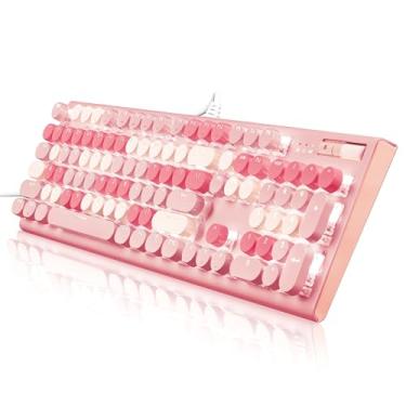 Imagem de guismous Teclado rosa fofo com fio, máquina de escrever branca retroiluminada, botão de volume, botão de interruptor de luz e suportes dobráveis, tamanho completo com teclado numérico para computador