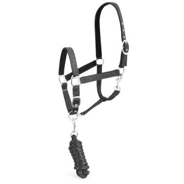 Imagem de Jeffers Conjunto de cabresto e corda de chumbo com cabeça de álamo, tamanho completo – Frente única ajustável de nylon acolchoado forrado com lã para cavalos – Equipamento de treinamento equestre para