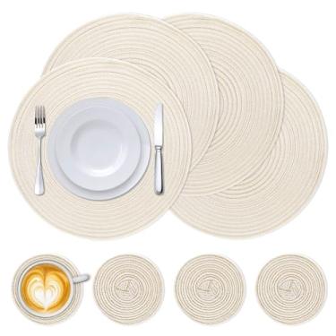 Imagem de Sekonow Conjunto de 4 jogos americanos redondos e 4 porta-copos de 38 cm + 111 cm, tapetes de mesa de jantar antiderrapantes Boho resistentes ao calor para ambientes internos e externos (bege)