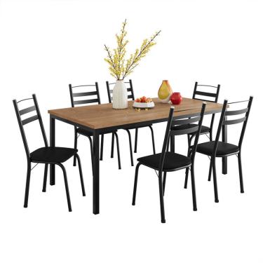 Imagem de Conjunto de Mesa Retangular com Tampo de MDP Amadeirado e 6 Cadeiras Adriana III Revestimento Sintético Preto