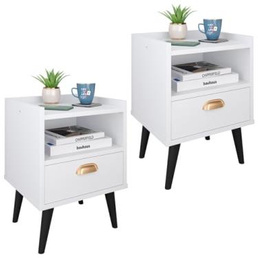 Imagem de Kit 2 Mesas De Cabeceira Estilo Retrô Com 1 Gaveta e Nicho - Loja Inova BR (Branco)