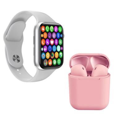 Imagem de Kit 1 Relógio Smartwatch S Branco + 1 Fone Inpods I12 Rosa