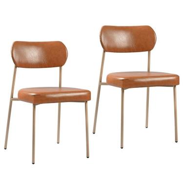 Imagem de Kit 2 Cadeiras Sala De Jantar Couro Sintético Design Aço Carbono Lavinia Marrom-champanhe